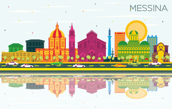 Messina Sicily Italy City Skyline with Color Buildings, Blue Sky and Reflections. vector
