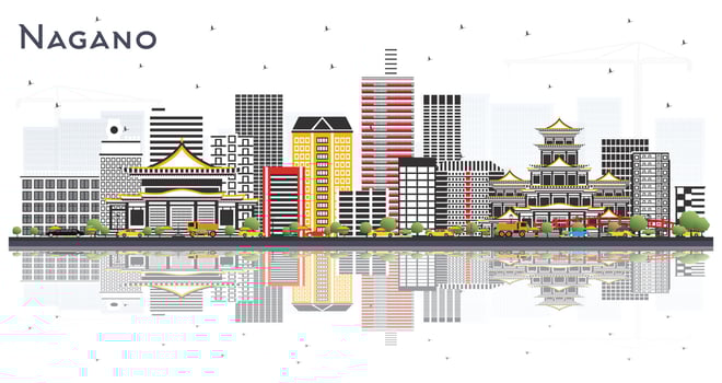 Nagano Japan City Skyline with Color Buildings and Reflections Isolated on White Background. vector