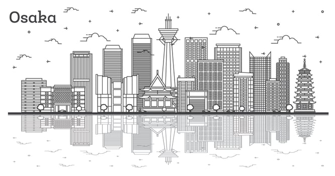 Outline Osaka Japan City Skyline with Modern Buildings and Reflections Isolated on White. vector