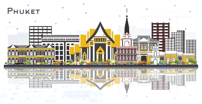 Phuket Thailand City Skyline with Color Buildings and Reflections Isolated on White. vector