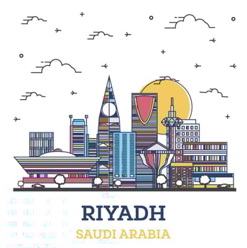 Outline Riyadh Saudi Arabia City Skyline with Modern Colored Buildings Isolated on White. vector