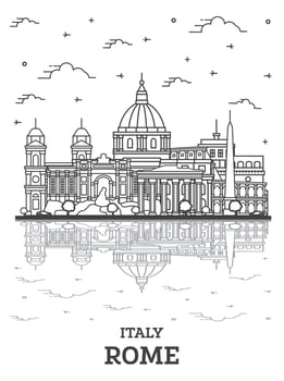 Outline Rome Italy City Skyline with Historic Buildings and Reflections Isolated on White. vector