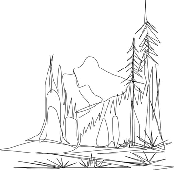 One-line art. One continues line art. drawing of a tree and mountain vector