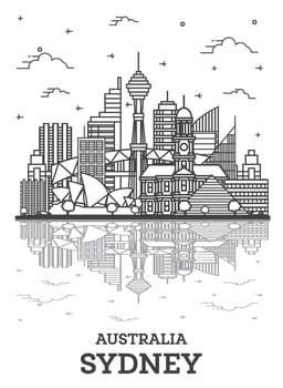 Outline Sydney Australia City Skyline with Modern Buildings and Reflections Isolated on White. vector