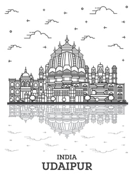 Outline Udaipur India City Skyline with Historical Buildings and Reflections Isolated on White. vector