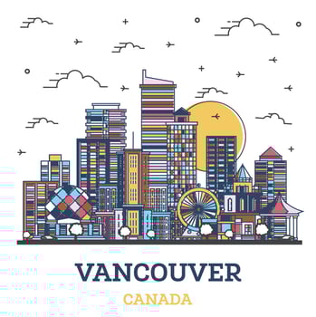 Outline Vancouver Canada City Skyline with Colored Modern Buildings Isolated on White. vector