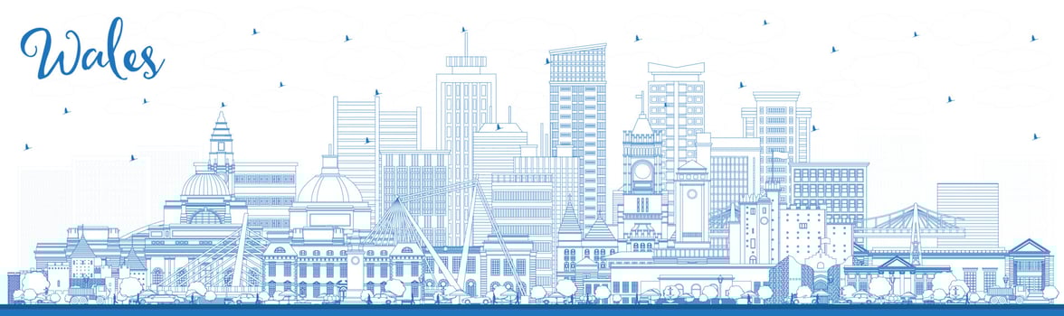 Outline Wales City Skyline with Blue Buildings. vector