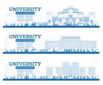 Outline University Campus Set. Study Banners. Students Go to the Main Building of University. vector
