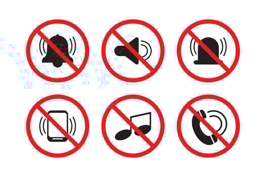 Sound prohibition sign. Indicates a noise prohibition signal. Warning to be silent, vector illustration.