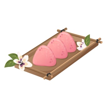 Pink Mochi with sakura blossoms on wooden tray.Tasty Japanese rice dish with fruit filling. Vector flat drawn illustration for restaurant dishes, menu, dessert, cooking concept