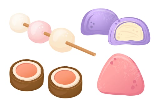 Set of Asian dessert. Chinese rice cookies, Japanese Mochi, Korean rice balls isolated. Vector flat drawn illustration for restaurant dishes, menu, sweets, cooking concept