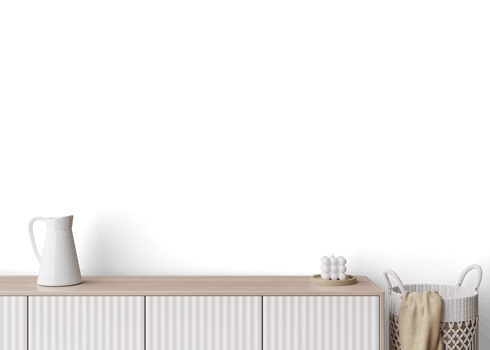 Wallpaper presentation mock up. Sideboard with home accessories on transparent background. Copy space for wallpaper design, wall panels, photo wallpaper, print or paint. Interior mockup. 3D render. png