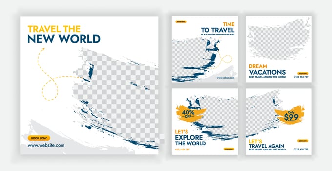 Set of editable social media instagram carousel post, Travel and tour adventure instant post collection. vector