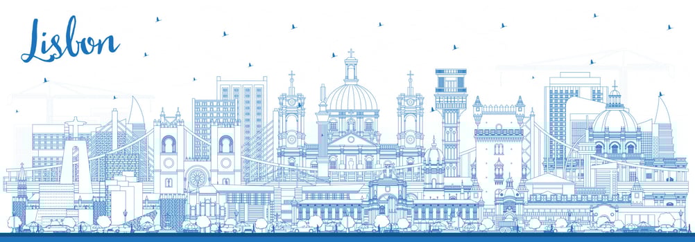Outline Lisbon Portugal City Skyline with Blue Buildings. vector