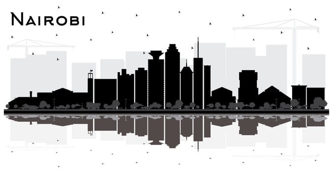 Nairobi Kenya City Skyline Silhouette with Black Buildings and Reflections Isolated on White. vector