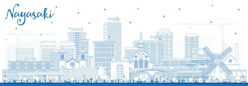 Outline Nagasaki Japan City Skyline with Blue Buildings. vector