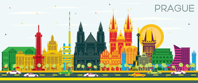 Prague Czech Republic City Skyline with Color Buildings and Blue Sky. vector