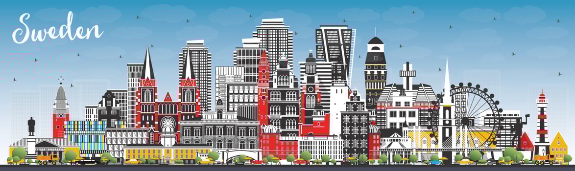 Welcome to Sweden. City Skyline with Gray Buildings and Blue Sky. vector