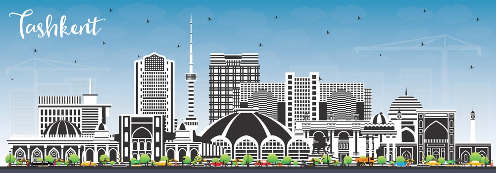 Tashkent Uzbekistan City Skyline with Color Buildings and Blue Sky. vector