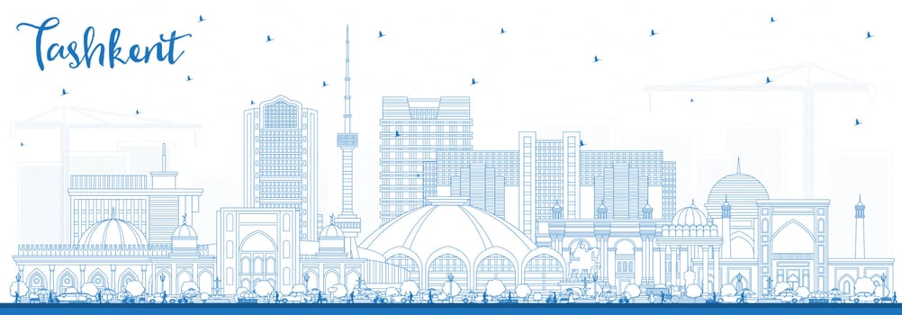 Outline Tashkent Uzbekistan City Skyline with Blue Buildings. vector