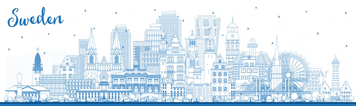 Welcome to Sweden. Outline City Skyline with Blue Buildings. vector