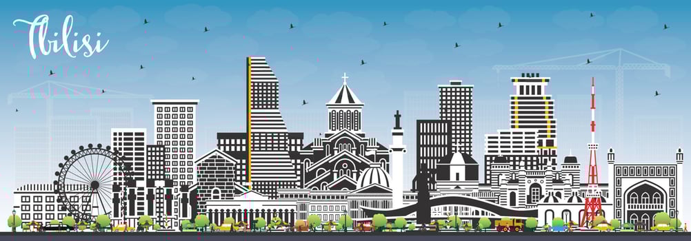 Tbilisi Georgia City Skyline with Color Buildings and Blue Sky. vector