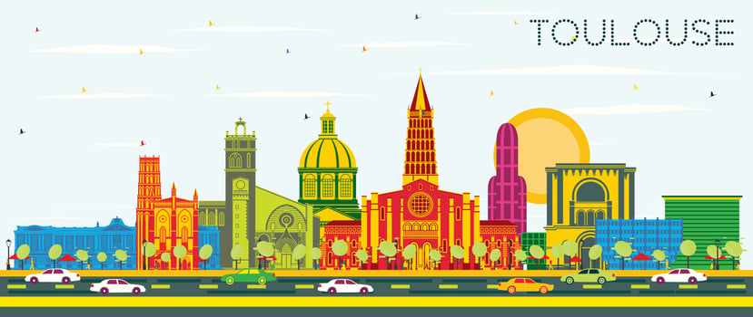 Toulouse France City Skyline with Color Buildings and Blue Sky. vector
