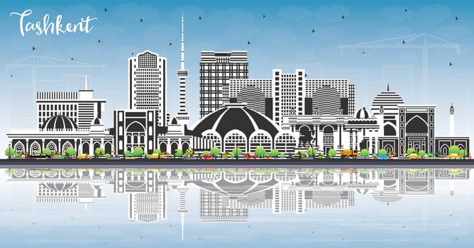 Tashkent Uzbekistan City Skyline with Color Buildings, Blue Sky and Reflections. vector