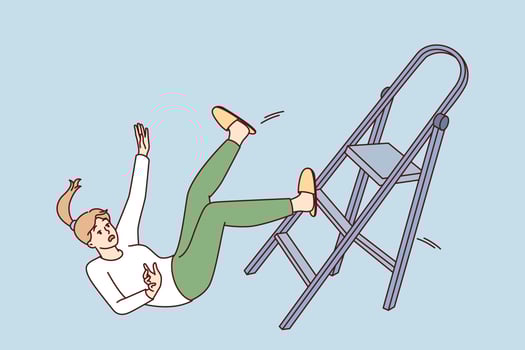 Clumsy woman falls off stepladder during repairs and risks injury and hospitalization with fracture. Concept violation of safety rules when using stairs leading to accident. Flat vector design