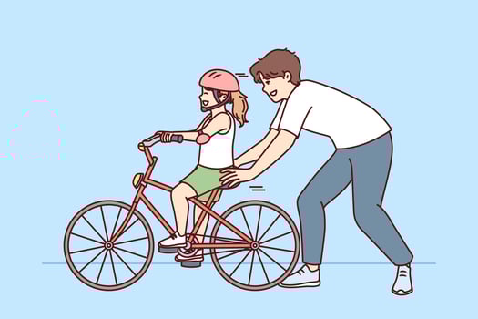 Loving father helps pre-teenage daughter learn to ride bike. Happy childhood for little girl in helmet learning to ride bicycle under supervision of caring dad or brother. Flat vector illustration