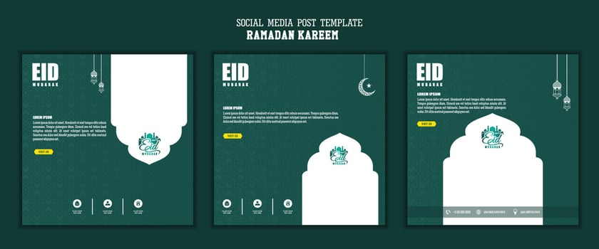 Set of social media post template, square background with green color and simple ornament design for islamic party vector