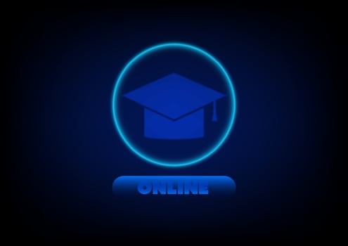 Mortarboard with button and online text and light ring on blue background. Education or course online, Elearning. Study at home. vector