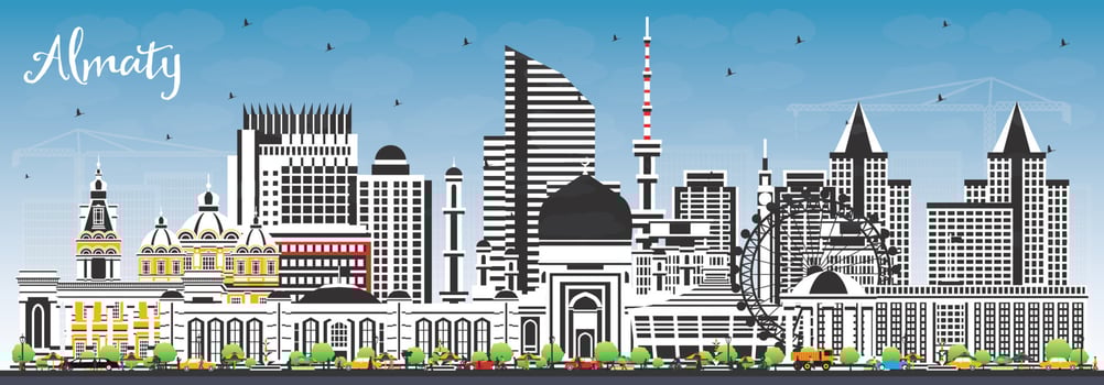 Almaty Kazakhstan City Skyline with Color Buildings and Blue Sky. vector