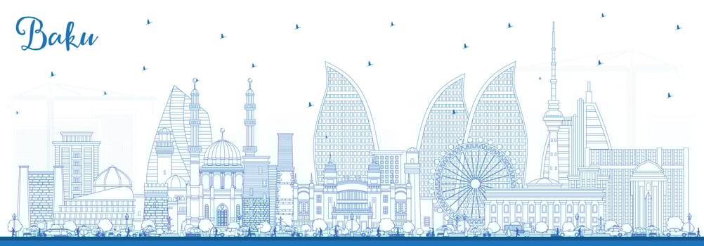 Outline Baku Azerbaijan City Skyline with Blue Buildings. vector