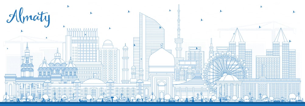 Outline Almaty Kazakhstan City Skyline with Blue Buildings. vector