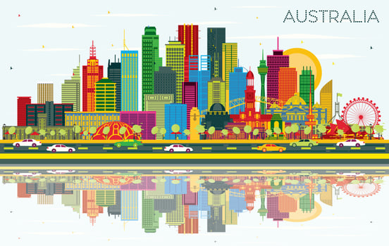 Australia City Skyline with Color Buildings, Blue Sky and Reflections. vector