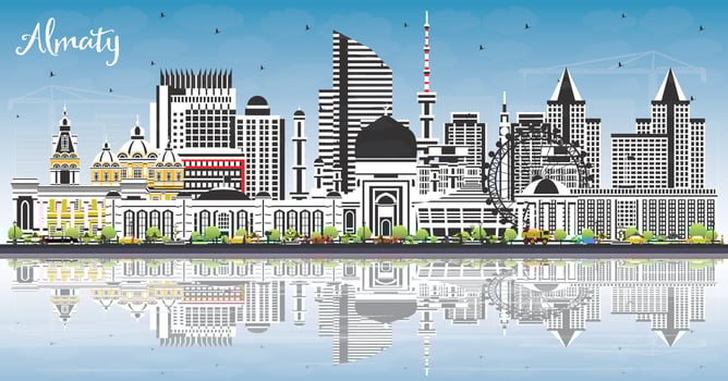 Almaty Kazakhstan City Skyline with Color Buildings, Blue Sky and Reflections. vector