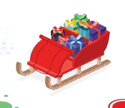 Isometric Christmas Open Sleigh with Bunch Gift Boxes. Holiday Concept. vector