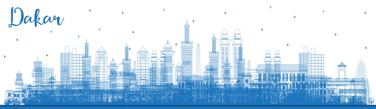 Outline Dakar Senegal City Skyline with Blue Buildings. vector