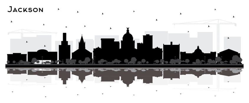 Jackson Mississippi City Skyline Silhouette with Black Buildings and Reflections Isolated on White. vector