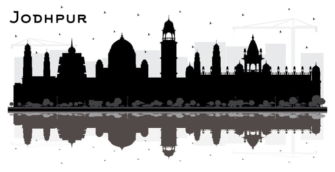 Jodhpur India City Skyline Silhouette with Black Buildings and Reflections Isolated on White. vector