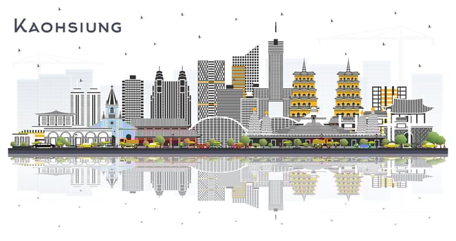 Kaohsiung Taiwan City Skyline with Gray Buildings and Reflections Isolated on White. vector