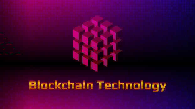 Golden lettering Blockchain technology with digital cube on beautiful purple background. Futuristic template for digital technologies. Design element. Layout for banner or website. EPS10 vector. vector