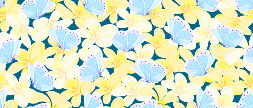 Seamless vector pattern of yellow and white plumeria flowers with butterflies
