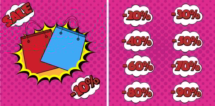 Sale banner in bright pop art style with two shopping bags and different variants of discount. vector