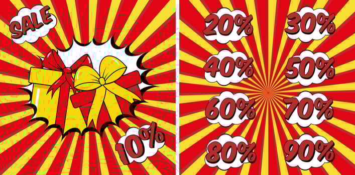 Sale banner in bright pop art style with two gift boxes and different variants of discount. vector
