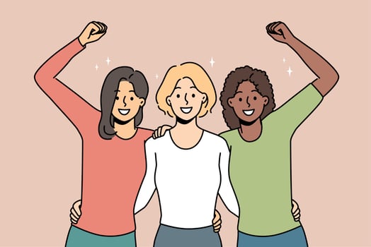 Overjoyed multiracial women hug showing unity and solidarity. Smiling diverse interracial girls embrace feel united and optimistic together. Vector illustration.