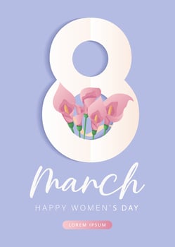 International Women's Day, 8 March banner design with number eight, pink calla lilies, chocolate hearts, gifts, ribbons. Romantic floral Mother's Day design for greeting card, poster, postcard, flyer. vector