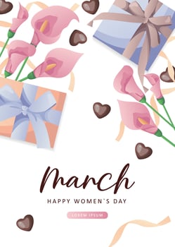 International Women's Day, 8 March banner design with number eight, pink calla lilies, chocolate hearts, gifts, ribbons. Romantic floral Mother's Day design for greeting card, poster, postcard, flyer. vector