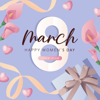 International Women's Day, 8 March banner design with number eight, pink calla lilies, chocolate hearts, gifts, ribbons. Romantic floral Mother's Day design for greeting card, poster, postcard, flyer. vector